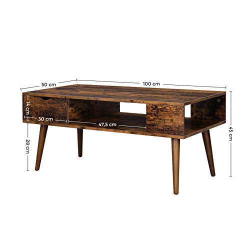 Coffee Table with Storage, Drawer, Open Compartment, Long Legs, for Living Room, Dining Room, 100 x 50 x 45 cm, Rustic Brown