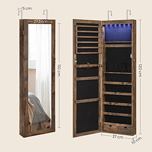 Jewellery Cabinet Armoire, Lockable Wall-Mounted Storage Organiser Unit for Necklace Earring, with Mirror and Various Compartments, Rustic Brown