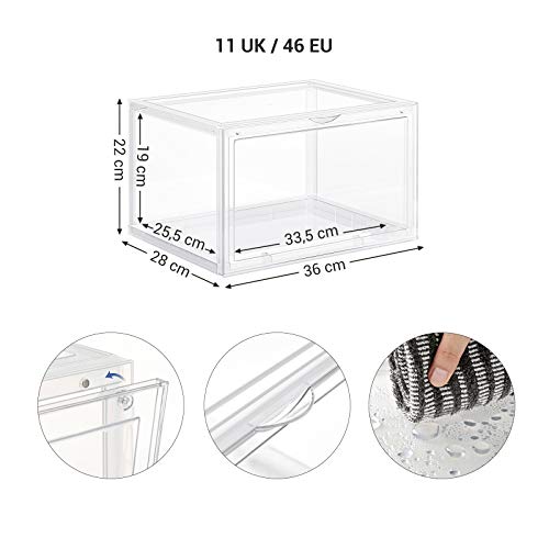 Shoe Boxes, Pack of 6 Stackable Shoe Organisers with Clear Door, Plastic Shoe Storage for UK Size 11, 36 x 28 x 22 cm, Transparent