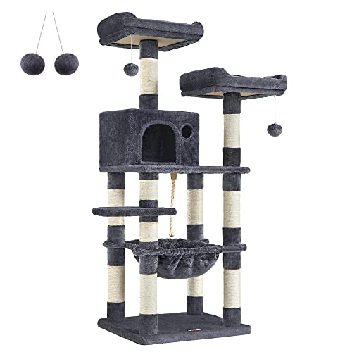 Cat Tree, Stable Cat Tower, 2 Plush Perches, 143cm, Smoky Grey