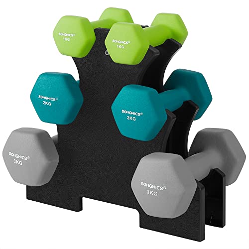 Hex Dumbbells Set with Stand - 2 x 1 kg, 2 x 2 kg, 2 x 3 kg, Neoprene Matte Finish, Hand Weights for Home Exercise, Lime, Teal, and Light Grey