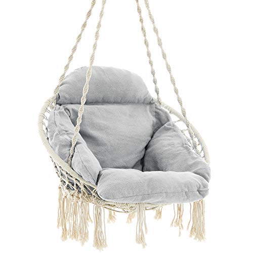 Hanging Swing Chair with Thick Cushion, Holds up to 120 kg, for Garden, Balcony, Living Room, Patio, Scandinavian Style, Modern, Beige-Grey