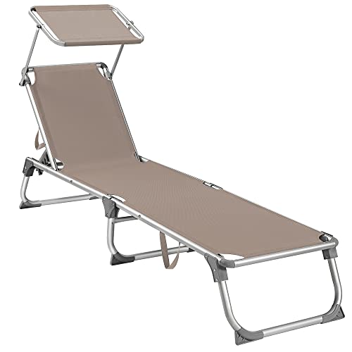 Sun Lounger, Sunbed, Reclining Sun Chair with Sunshade, Adjustable Backrest, Foldable, Lightweight, 55 x 193 x 31 cm, Load Capacity 150 kg, for Garden, Patio, Taupe Colour