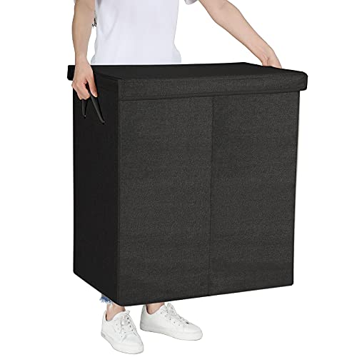 142L Laundry Hamper, Linenette Fabric Laundry Basket, Divided Clothes Hamper with Magnetic Lid and Handles, Foldable, Removable Liner Bag, Black