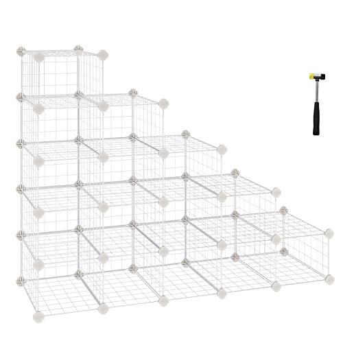 Modular Shoe Rack 15 Cubes, DIY Shelf with Metal Mesh Panels, Wardrobe Cabinet Hallway Bedroom Includes Rubber Gavel, White