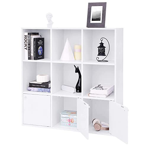 Wooden Storage Bookcase, Freestanding Display Shelf, DVD Rack Bookshelf, with 3 Bottom Cabinets, White