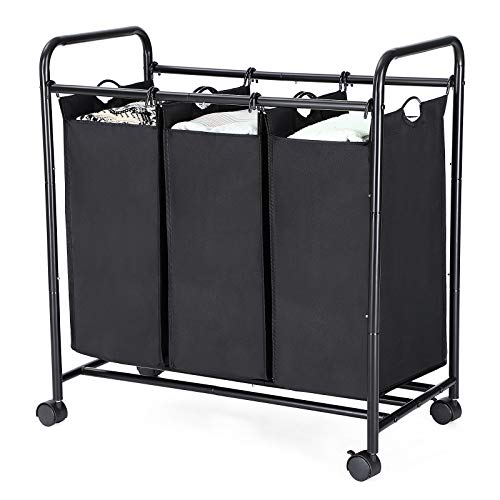 Rolling Laundry Sorter, Laundry Basket with 3 Removable Bags, Laundry Trolley, Toy Organiser on Wheels, Sturdy, 3 x 44L, Black