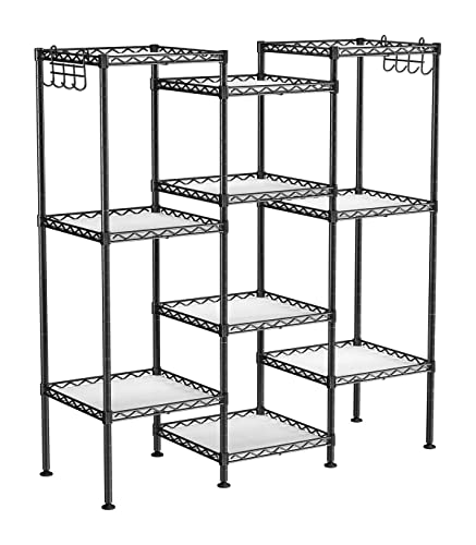 Bathroom Shelf, Metal Storage Rack, Total Load Capacity 100 kg, with 5 PP Sheets, Removable Hooks, 30 x 30 x 123.5 cm, Expandable Design, for Small Space, Black and Translucent