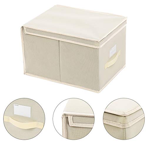 Set of 3 Foldable Storage Boxes with Lids, Fabric Cubes with Label Holders, Storage Bins Organiser, 40 x 30 x 25 cm, Beige