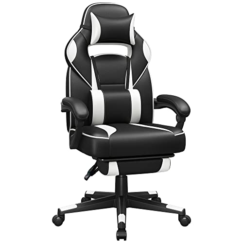 Racing Gaming Chair, Adjustable Office Chair with Footrest, Ergonomic Design, Tilt Mechanism, Headrest, Lumbar Support, 150 kg Weight Capacity, Black and White