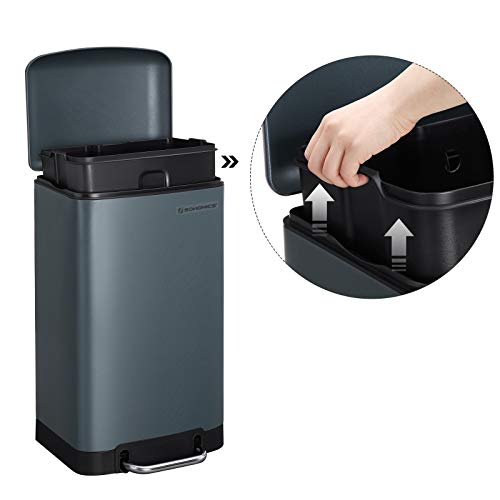 Rubbish Bin, 30 L Kitchen Bin, Steel Pedal Bin with Inner Bucket and Lid, Soft Closure, Odour Seal for Kitchen, Living Room, Smoky Grey