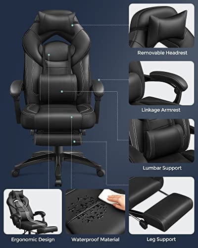 Gaming Chair, Office Chair with Footrest, Desk Chair, Ergonomic Design, Adjustable Headrest, Lumbar Support, Holds up to 150 kg, Black