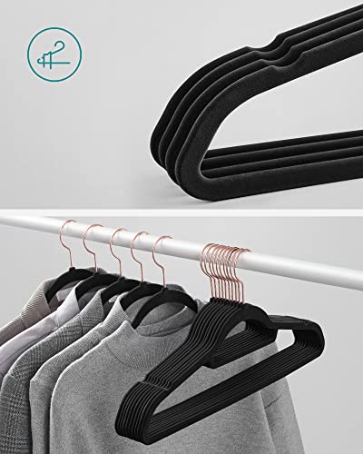 Velvet Hangers, Set of 30 Coat Hangers for Clothes, Non-Slip, with Tie Bar and Rose Gold Hook, Space-Saving, 0.6 cm Thick, 43.5 cm Long, for Dresses Trousers, Black