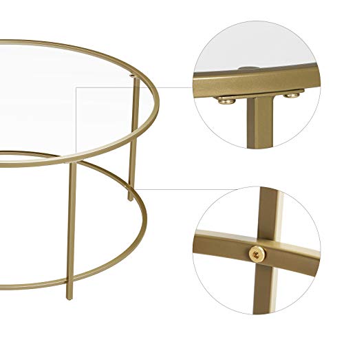 Round Coffee Table, Glass Table with Steel Frame, Living Room Table, Sofa Table, Tempered Glass, Gold