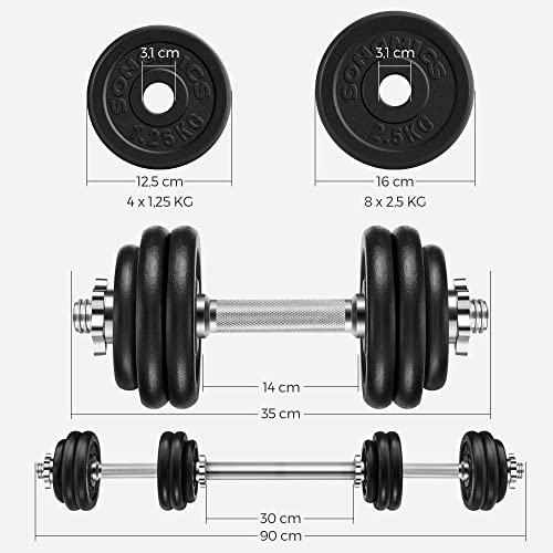 2-in-1 Dumbbells Set, 2 x 15 kg Cast Iron Adjustable Weights, with Extra Steel Barbell Bar, Fitness Training, Weight Lifting, at Home Gym, Black