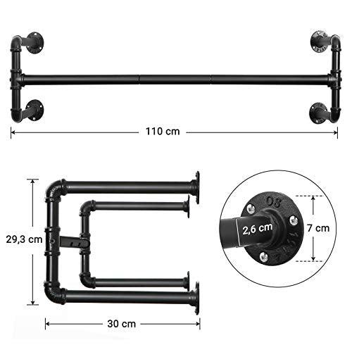 Wall-Mounted Clothes Rack, Set of 2, Industrial Pipe Clothes Hanging Bar, Space-Saving, 110 x 30 x 29.3 cm, Each Holds up to 60 kg, for Small Space, Black