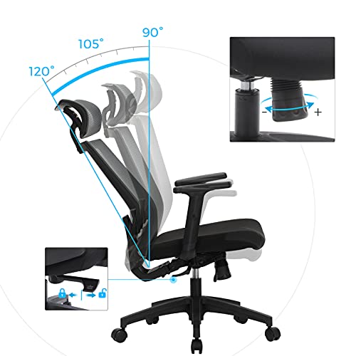 Ergonomic Office Chair, Mesh Computer Armchair, Lumbar Support, Adjustable Headrest and Armrests, Adjustable Backrest Lockable Up to 120°, Grey