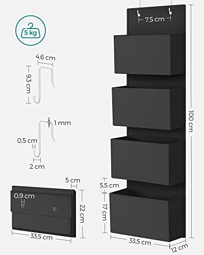 Over-Door Storage with 4 Pockets, Wall Hanging Storage Organiser, Practical and Spacious, for Children’s Room Office Bedroom, 33.5 x 12 x 100 cm, Black