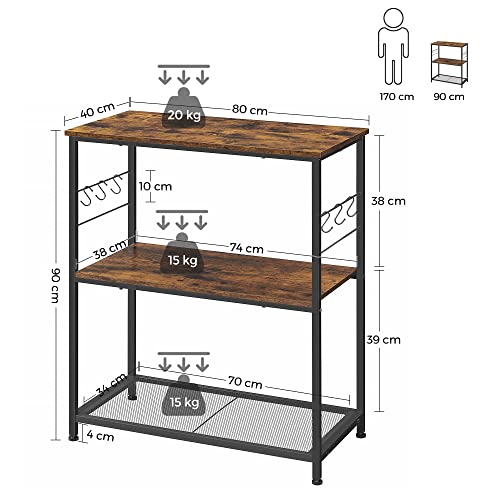 Kitchen Shelf, Microwave Shelf, Kitchen Island, Standing Shelf, Metal Frame, 3 Shelves, Open, 6 Hooks, Multifunctional Shelf, 80 x 40 x 90 cm, Industrial Design, Vintage Brown/Black KKI01