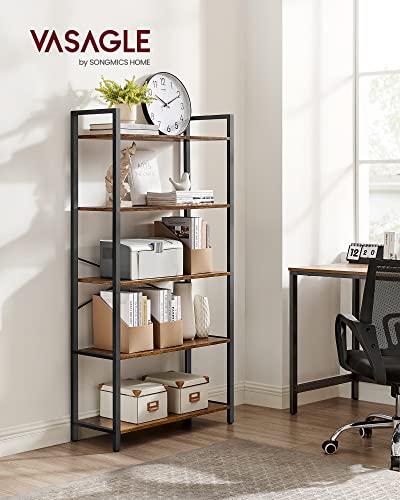 OKPET  5-Tier Storage Rack, Bookshelf with Steel Frame, for Living Room, Office, Study, Hallway, Industrial Style, Rustic Brown and Black