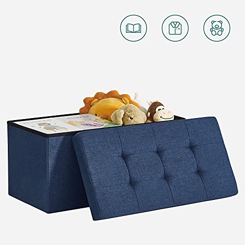 Storage Ottoman Bench, Chest with Lid, Foldable Seat, Bedroom, Hallway, Space-saving, 80L Capacity, Hold up to 300 kg, Padded, Dark Blue