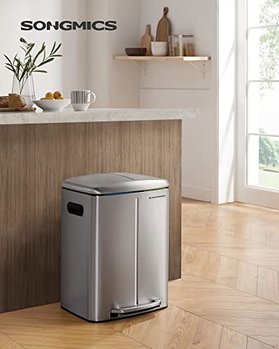 Double Rubbish Bin, 2 x 20 L Kitchen Bin, Dual Compartment Metal Step Bin, with Plastic Inner Buckets, Soft-Close Lids, and Handles, Odour Seal, Silver