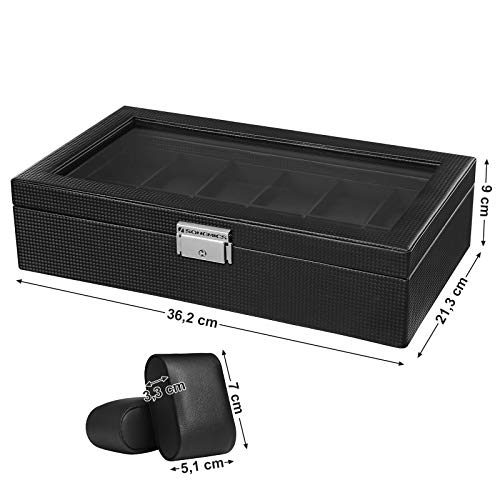 watch box with 12 compartments, large watch box with glass lid, PU cover, velvet lining, metal clasp, great gift for loved ones, 36.2 x 9 x 21.3 cm, black