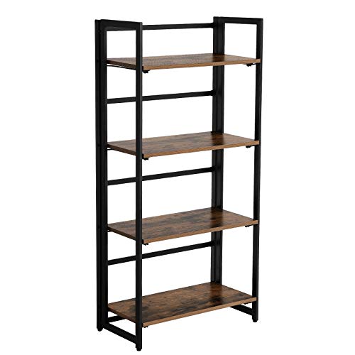 Bookcase, Industrial Folding Storage Rack, 4-Tier Bookshelf, Multifunctional Shelving Unit, Easy Assembly, with Metal Frame, for Living Room, Bedroom, kitchen, Rustic Brown