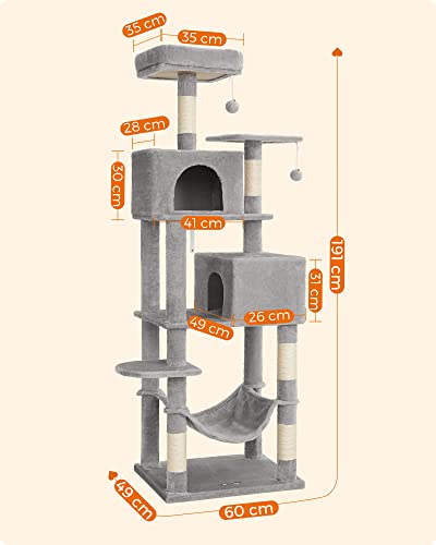 Cat Tree, 191 cm Tall Cat Tower, Scratching Posts, Soft, Light Grey