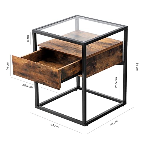 Side Table, Tempered Glass End Table with Drawer and Shelf, Bedside Table, Industrial in Living Room Lounge Foyer, Stable Steel Frame, Rustic Brown and Black