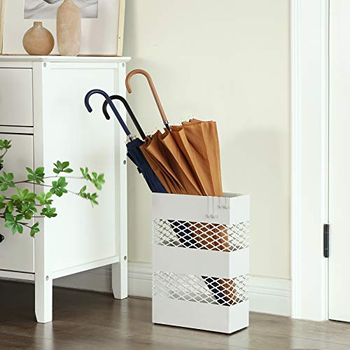 Metal Umbrella Holder, Umbrella Stand, 28 x 12 x 41 cm, Rectangular with Water Tray, Openwork Design, White