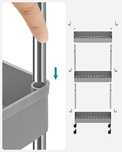 3-Tier Storage Trolley, Kitchen Trolley on Wheels, Narrow Trolley for Kitchen Bathroom Office or Small Spaces, 42 x 13.5 x 61 cm, Grey