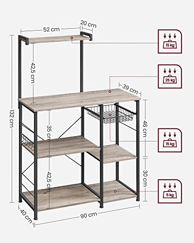 Baker’s Rack with Shelves, Microwave Stand with Wire Basket, 6 S-Hooks, Kitchen Shelf, Utility Storage for Spices, Pots, and Pans, Greige and Black