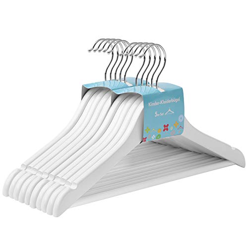 Solid Wood Children’s Hangers, 10-Pack Robust Kid’s Clothes Hangers, with Trousers Bar, Shoulder Notches, 360 Degree Swivel Hooks, 35 x 1.2 x 20 cm, White