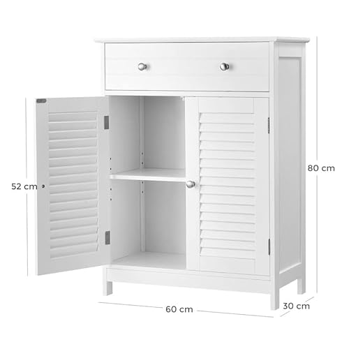 Bathroom Floor Cabinet, Storage Organiser Unit, 60 x 30 x 80 cm, Cupboard with 2 Louvred Doors, Drawer, Adjustable Shelf, Scandinavian Nordic Style, Matte White