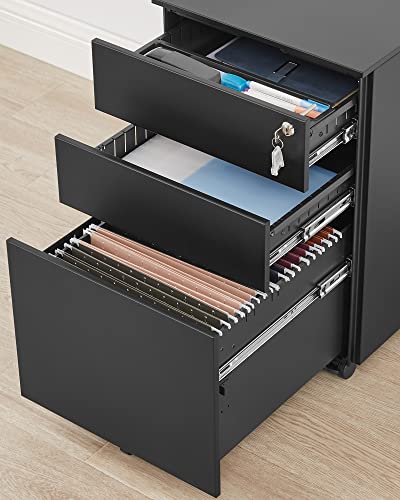 Mobile File Cabinet with 3 Drawers Lockable Steel Pedestal with Suspension File Hanging Rails, Fully Assembled Except Casters, Black