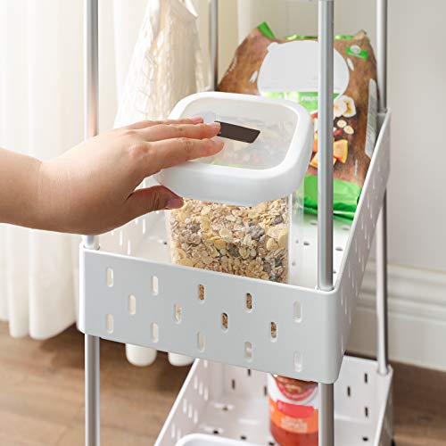 3-Tier Storage Trolley, Rolling Cart with Wheels, Bathroom Shelf with 6 Removable Hooks, 1 Tray, 1 Container, for Kitchen, Living Room, 38 x 22 x 72 cm, White