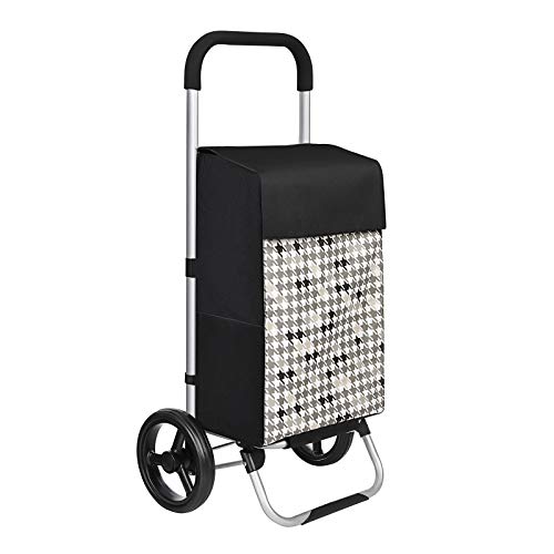 Shopping Trolley on Wheels, Shopping Cart, Load Capacity 40L, with Pockets, Silent Wheels, Hooks, 47 x 33 x 97 cm, Houndstooth Pattern, Black