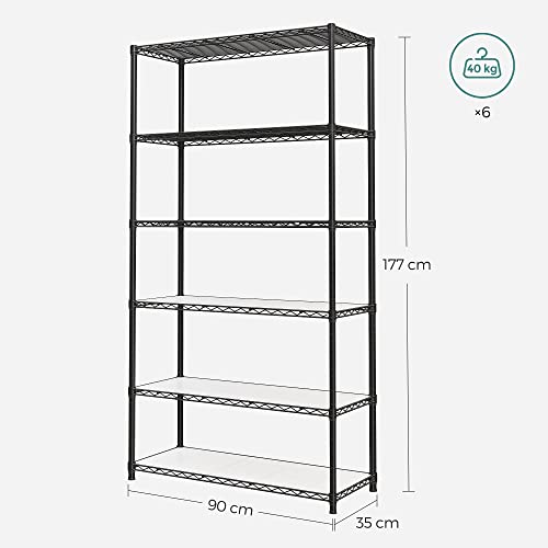 Kitchen Shelf with 6 Levels, Metal Shelf, Standing Shelf, Height Adjustable Mesh Shelf, with PP Plastic Plates, 8 S-Hooks, for Kitchen, Living Room, Space Saving, Black