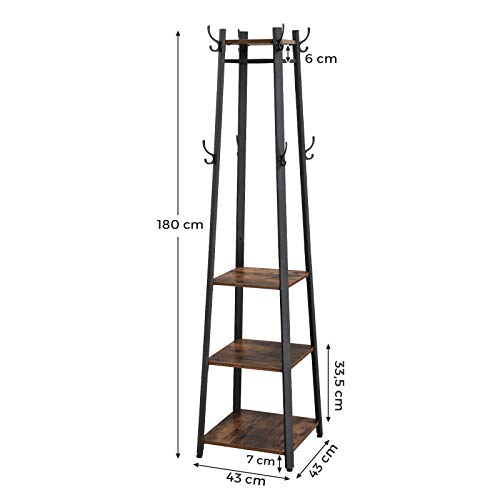 Coat Rack, Coat Stand with 3 Shelves, Ladder Shelf with Hooks for Scarves, Bags and Umbrellas, Steel Frame, Industrial Style, Rustic Brown and Black