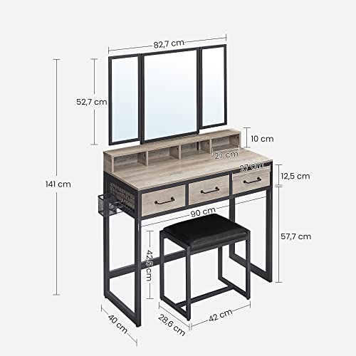 Dressing Table with Padded Stool, Triple Mirror, 3 Drawers, Hair Dryer Holder, Pot, Industrial Style, Grey and Black