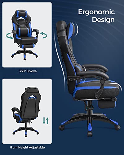 Gaming Chair, Office Racing Chair with Footrest, Ergonomic Design, Adjustable Headrest, Lumbar Support, 150 kg Weight Capacity, Black and Blue