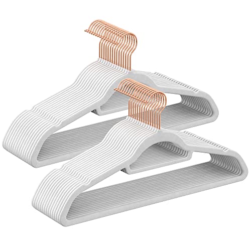 Velvet Hangers, Set of 30 Coat Hangers for Clothes, Non-Slip, with Tie Bar and Rose Gold Hook, Space-Saving, 0.6 cm Thick, 43.5 cm Long, for Dresses Trousers, White