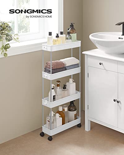 4-Tier Storage Trolley on Wheels, Plastic Storage Unit, Space-Saving Shelving Organiser for Small Spaces, Bathroom Kitchen, 42 x 13.5 x 87 cm, White