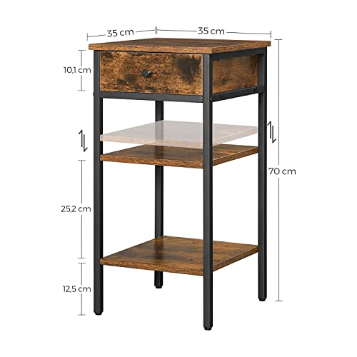 Nightstand, End Table, Tall Bedside Table with a Drawer and 2 Storage Shelves, Space Saving, Industrial Accent Table, Rustic Brown and Black