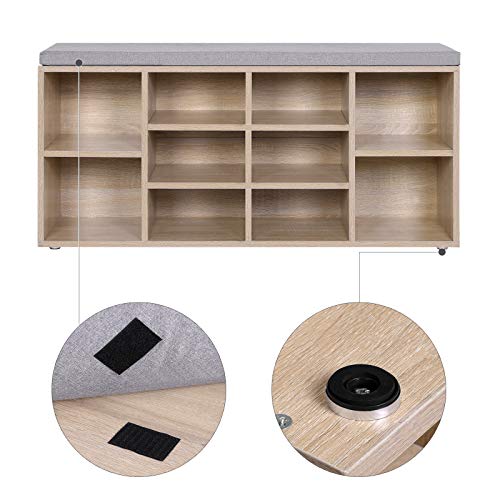 Shoe Bench, Shoe Shelf, Storage Cabinet, 10 Compartments, with Cushion, for Entryway, 104 x 30 x 48 cm, Oak Colour