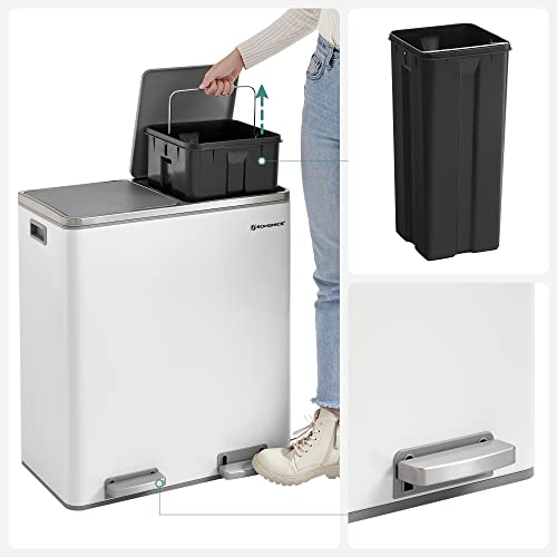 Double Rubbish Bin, 2 x 30 L Dual Compartment Kitchen Bin with 15 Rubbish Bags, Metal Pedal Bin with Plastic Inner Buckets and Lids, Soft Close, Odour Seal, White and Silver