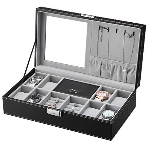 Watch and Jewellery Storage Box Case for 8 Watches with Mirror and Cufflink Box