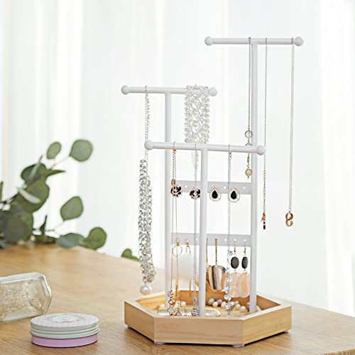 Jewellery Display Stand Holder, Metal Wood Jewellery Tree Necklaces, Bracelets, Earrings, Studs, Rings, Gift Girls Women, White