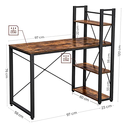 Computer Desk, 120 cm Writing Desk with Storage Shelves on Left or Right, Stable, Easy Assembly, for Home Office, Industrial Style, Rustic Brown and Black